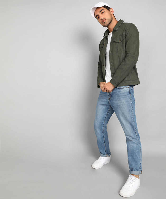 Men's Olive Green Regular Fit Washed Full Sleeve Denim Jacket