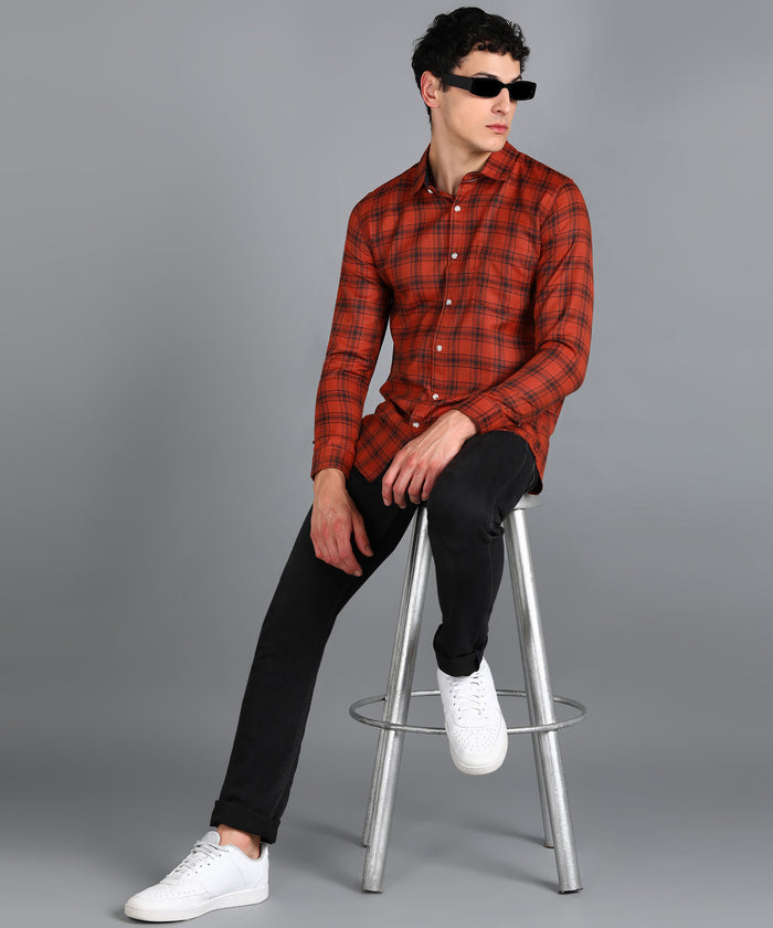 Men's Orange Cotton Full Sleeve Slim Fit Casual Checkered Shirt