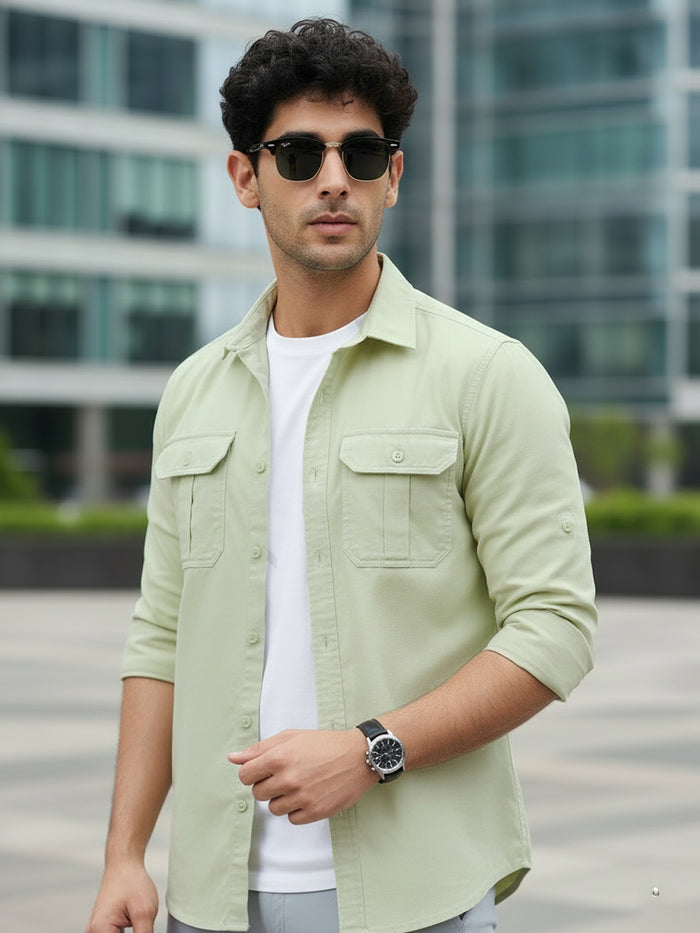Men's Pastel Green Cotton Full Sleeve Regular Fit Casual Solid Shirt