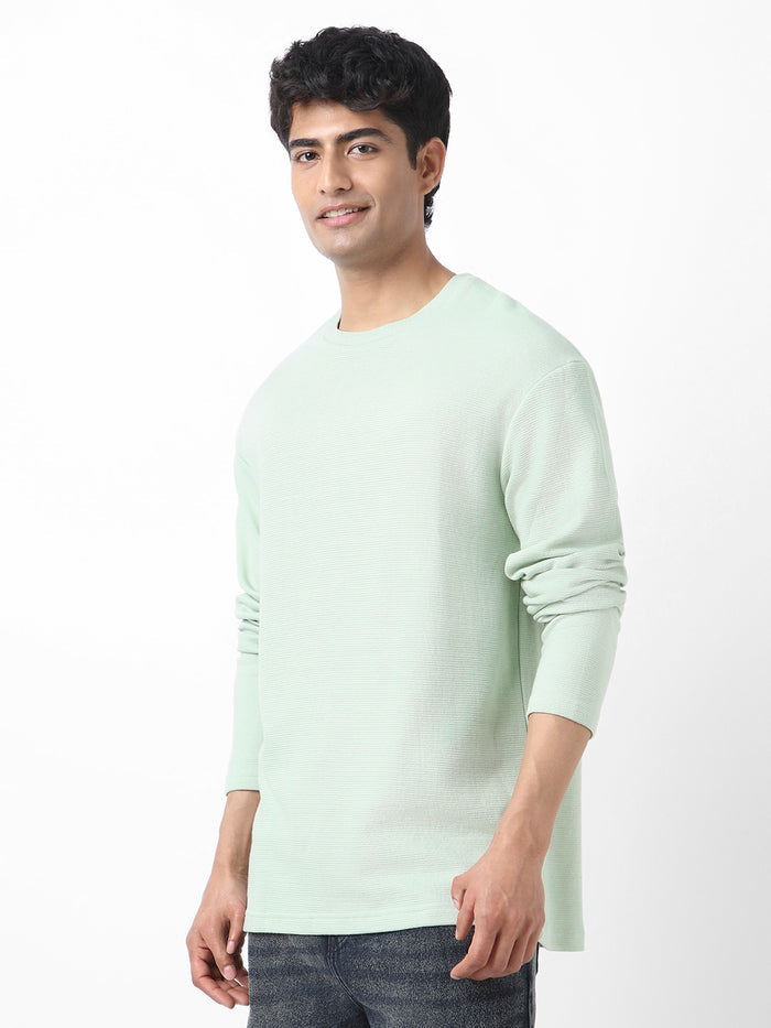 Men's Pastel Green Textured Round Neck Oversized Full Sleeve Cotton T-Shirt