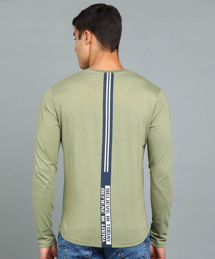 Men's Printed Olive Round Neck Full Sleeve Slim Fit Cotton T-Shirt