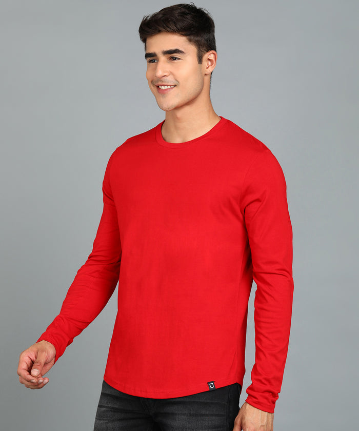 Men's Printed Red Round Neck Full Sleeve Slim Fit Cotton T-Shirt