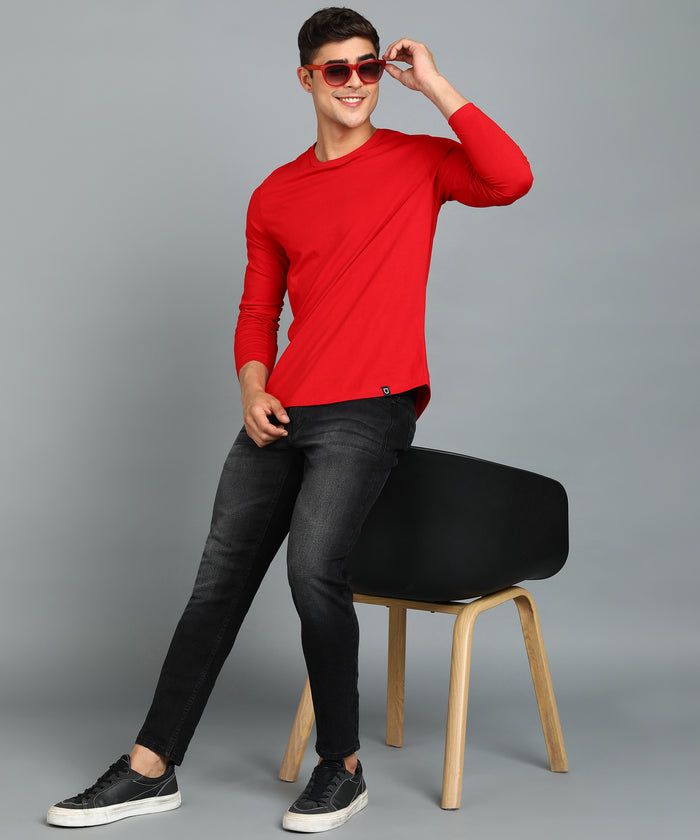 Men's Printed Red Round Neck Full Sleeve Slim Fit Cotton T-Shirt