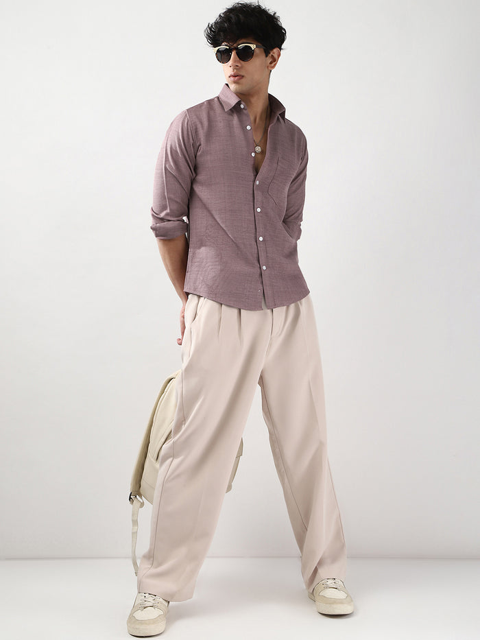 Men's Purple Linen Blend Full Sleeve Relaxed Fit Casual Solid Shirt