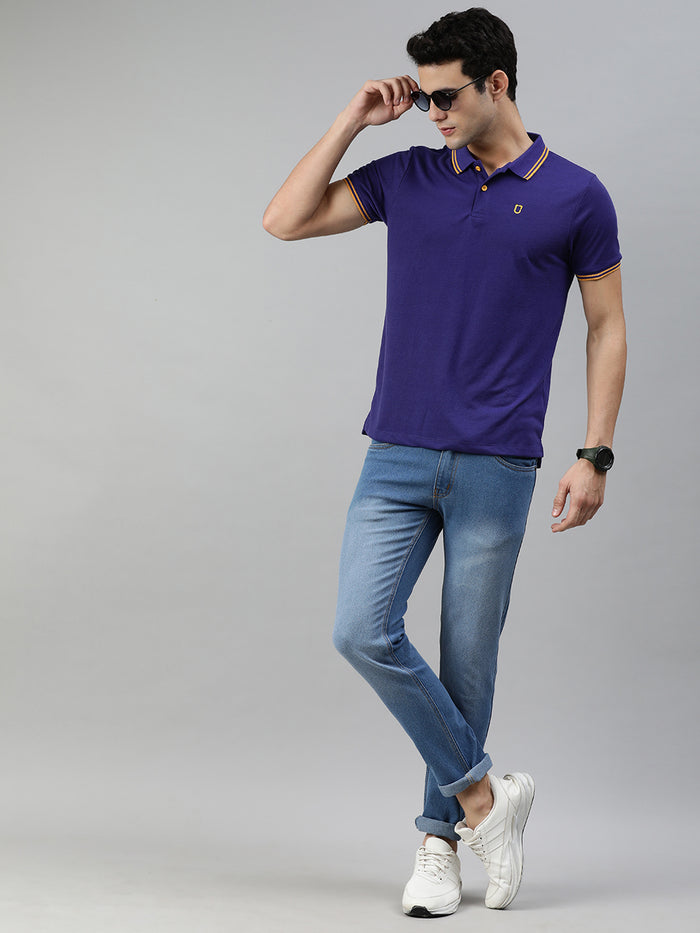 Men's Purple Solid Slim Fit Half Sleeve Cotton Polo T-Shirt