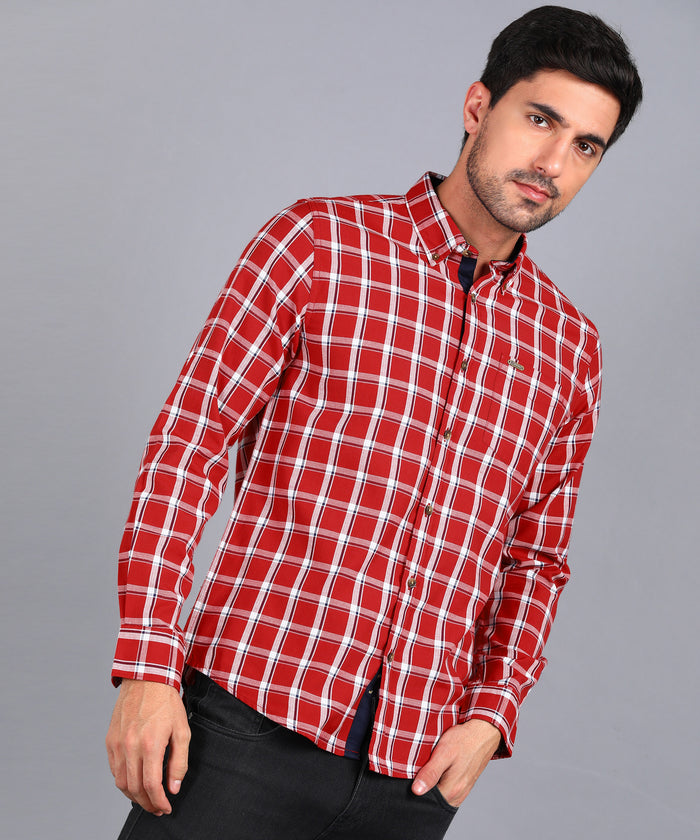 Men's Red Cotton Full Sleeve Slim Fit Casual Checkered Shirt