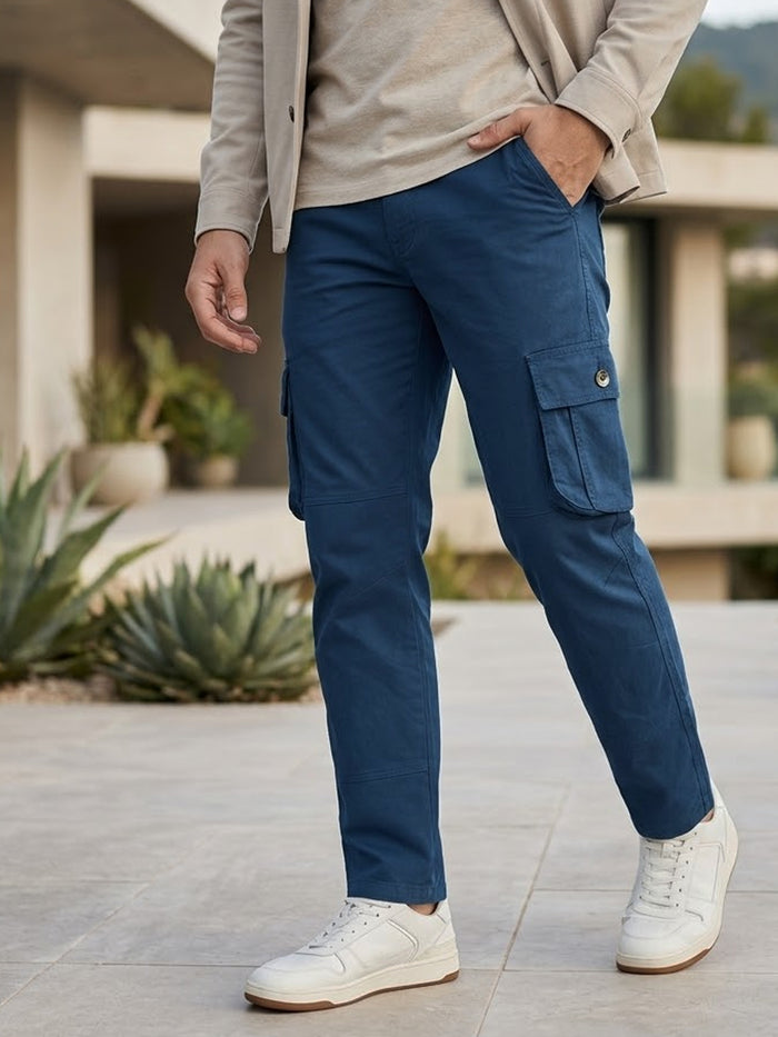 Men's Royal Blue Regular Fit Solid Cargo Chino Pant with 6 Pockets