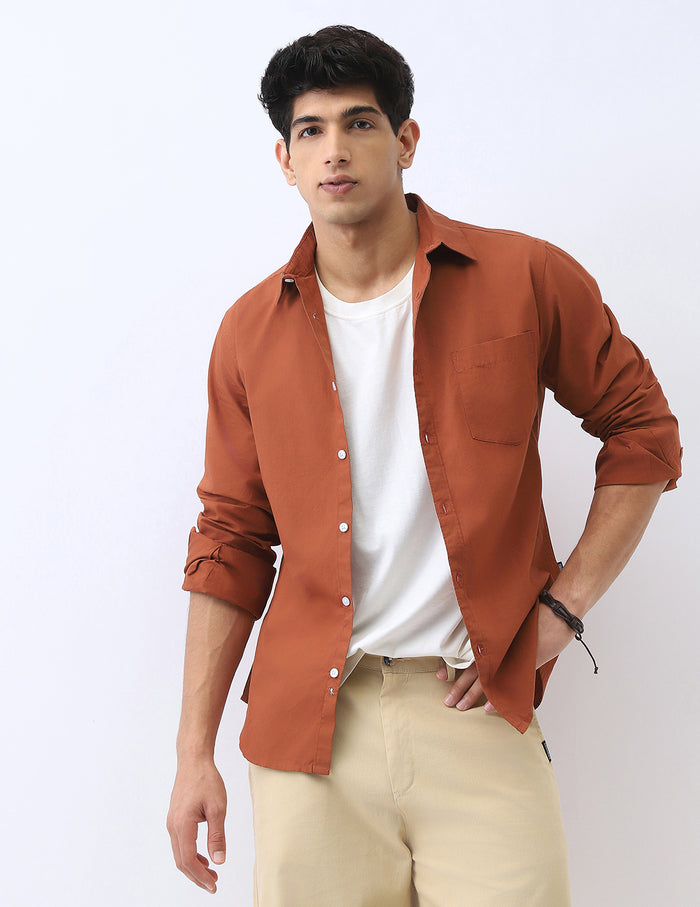 Men's Rust Cotton Full Sleeve Regular Fit Casual Solid Shirt