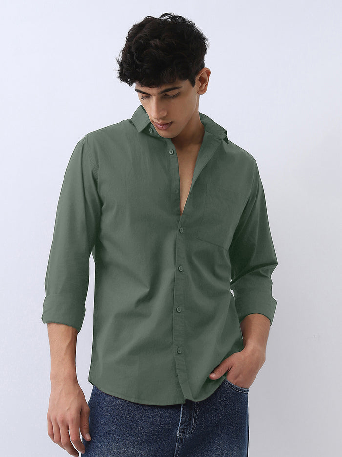 Men's Sage Green Cotton Full Sleeve Regular Fit Casual Solid Shirt