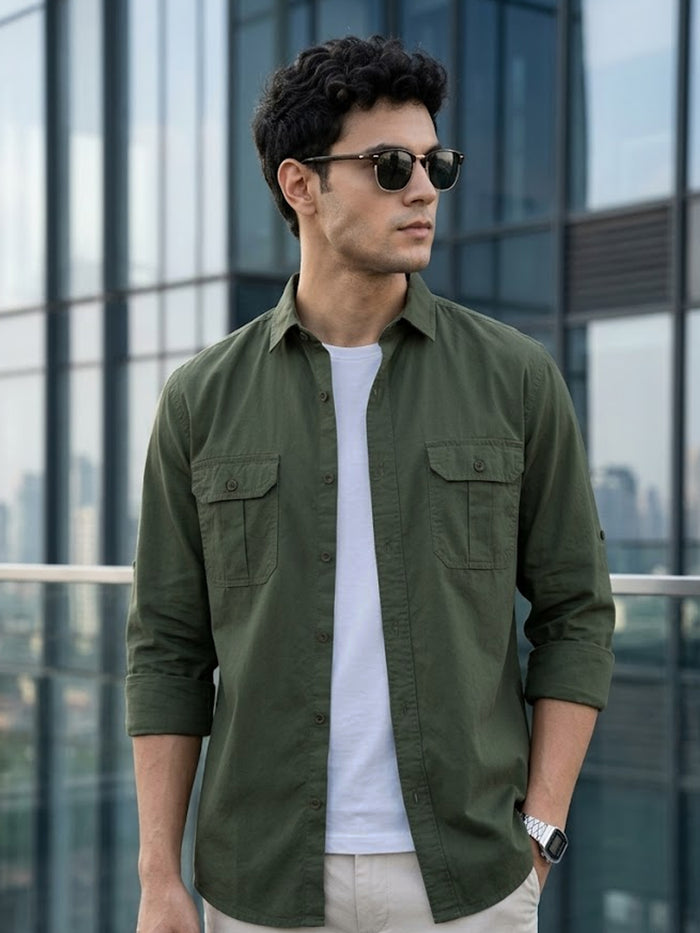Men's Sage Green Cotton Full Sleeve Regular Fit Casual Solid Shirt