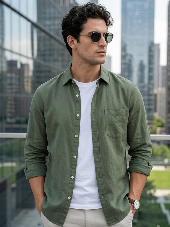 Men's Sage Green Cotton Full Sleeve Regular Fit Casual Solid Shirt