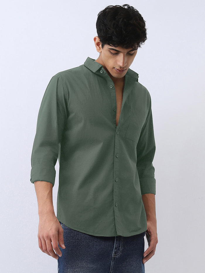 Men's Sage Green Cotton Full Sleeve Regular Fit Casual Solid Shirt