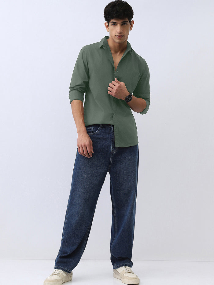 Men's Sage Green Cotton Full Sleeve Regular Fit Casual Solid Shirt