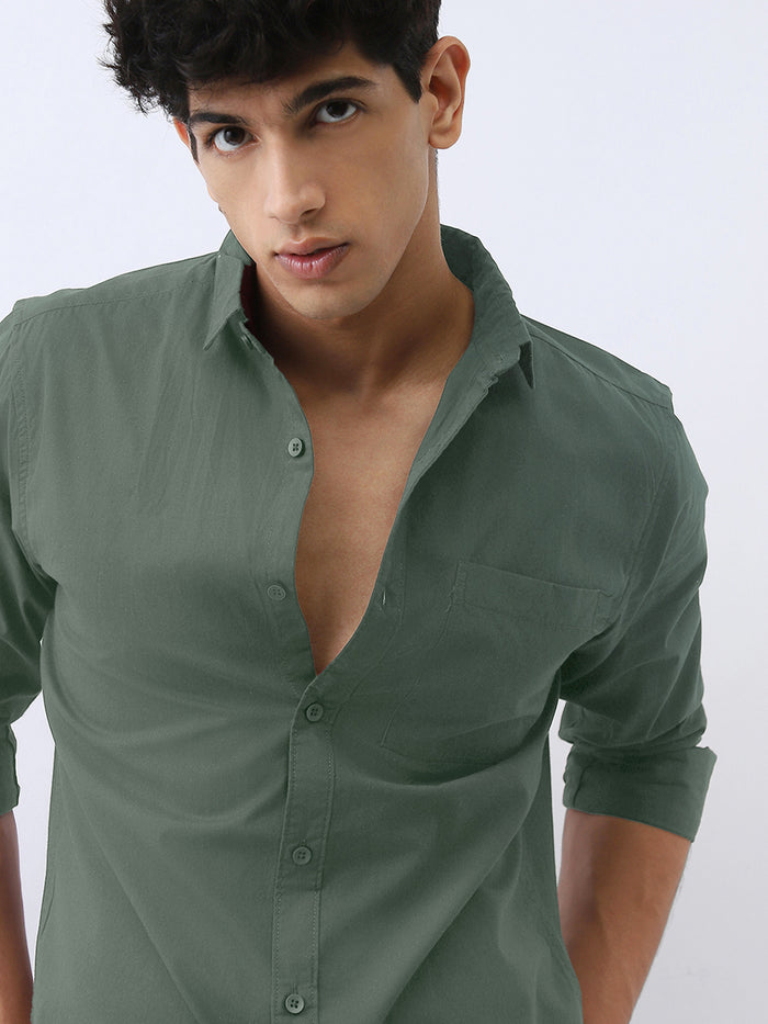 Men's Sage Green Cotton Full Sleeve Regular Fit Casual Solid Shirt
