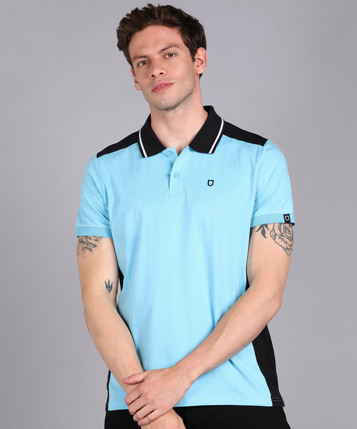 Men's Sky Blue, Black Colour-Block Slim Fit Half Sleeve Cotton Polo T-Shirt