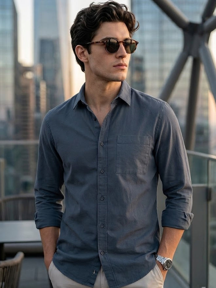 Men's Slate Blue Cotton Full Sleeve Regular Fit Casual Solid Shirt