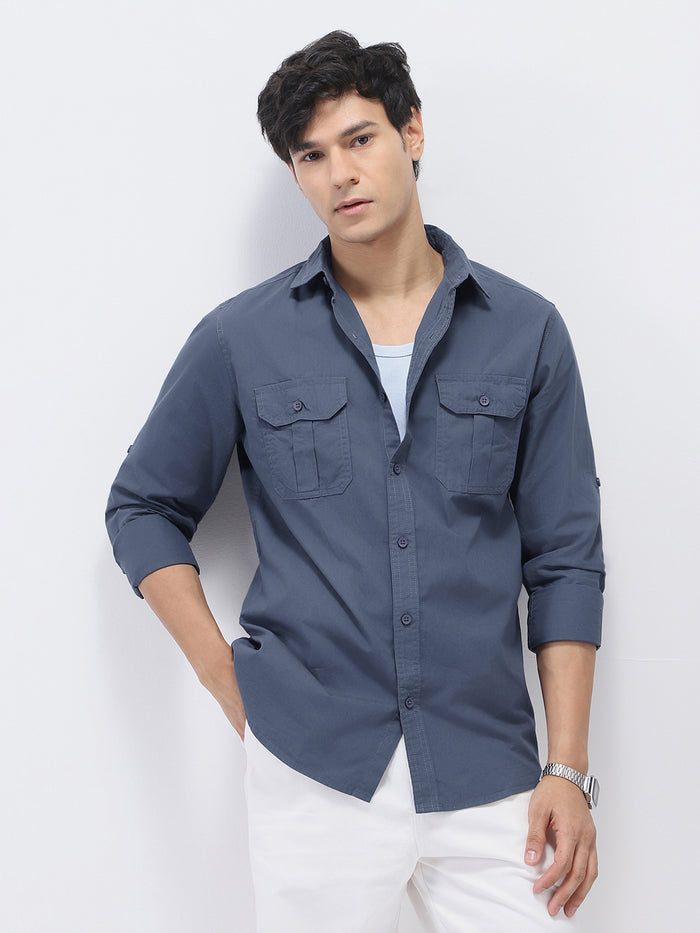 Men's Slate Blue Cotton Full Sleeve Regular Fit Casual Solid Shirt
