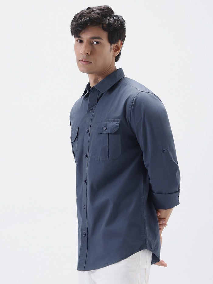 Men's Slate Blue Cotton Full Sleeve Regular Fit Casual Solid Shirt