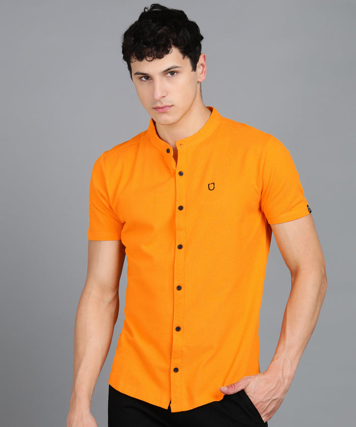 Men's Solid Cotton Slim Fit Polo Shirt with Mandarin Collar