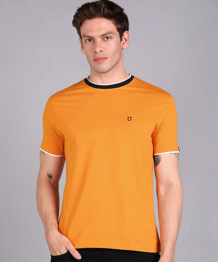 Men's Solid Gold Round Neck Half Sleeve Slim Fit Cotton T-Shirt