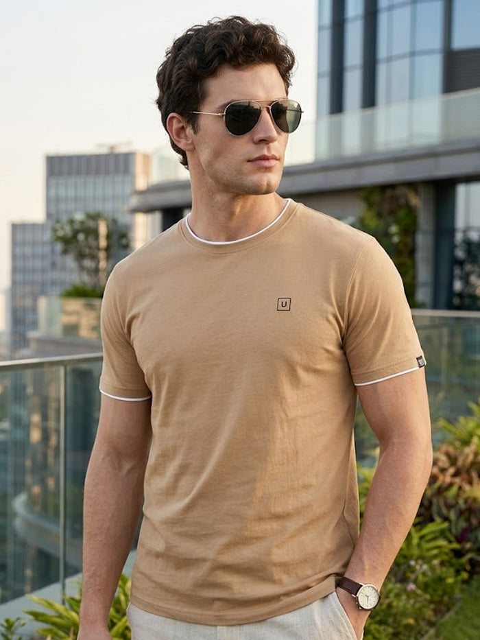 Men's Solid Khaki Round Neck Half Sleeve Slim Fit Cotton T-Shirt