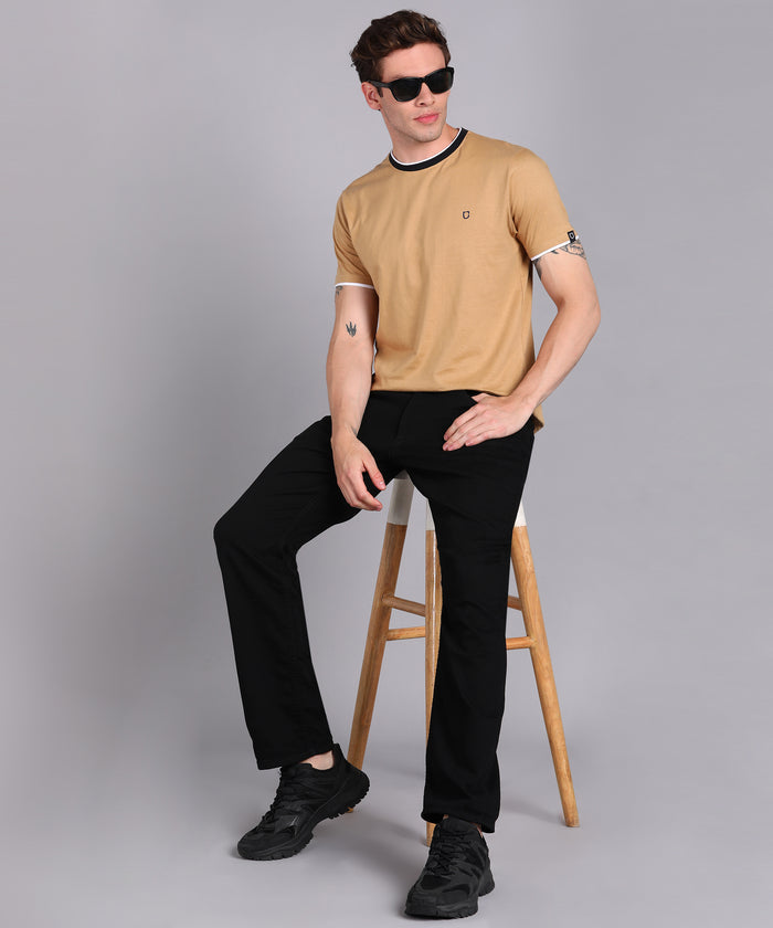 Men's Solid Khaki Round Neck Half Sleeve Slim Fit Cotton T-Shirt