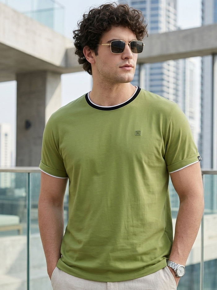 Men's Solid Olive Round Neck Half Sleeve Slim Fit Cotton T-Shirt
