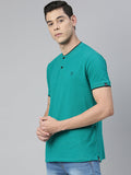 Men's Teal Green Solid Mandarin Collar Slim Fit Cotton Polo T-Shirt