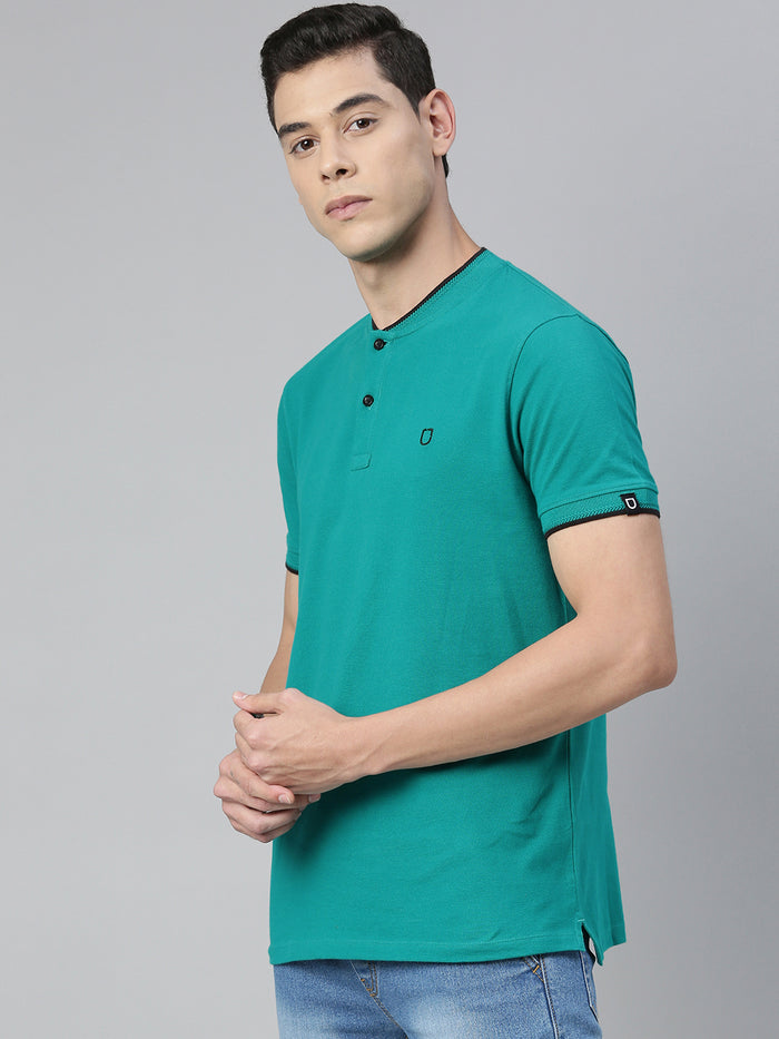 Men's Teal Green Solid Mandarin Collar Slim Fit Cotton Polo T-Shirt