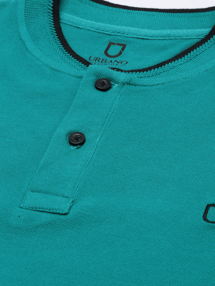 Men's Teal Green Solid Mandarin Collar Slim Fit Cotton Polo T-Shirt