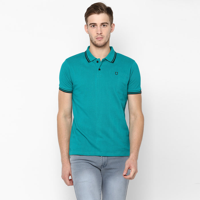 Men's Teal Green Solid Slim Fit Half Sleeve Cotton Polo T-Shirt
