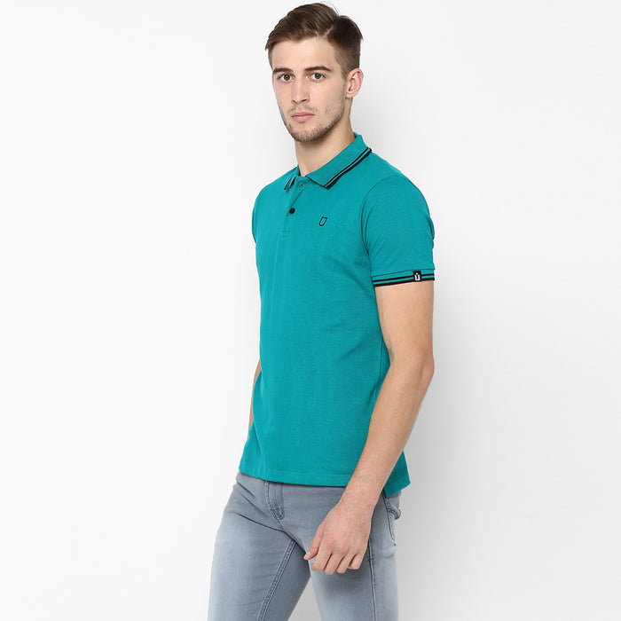 Men's Teal Green Solid Slim Fit Half Sleeve Cotton Polo T-Shirt