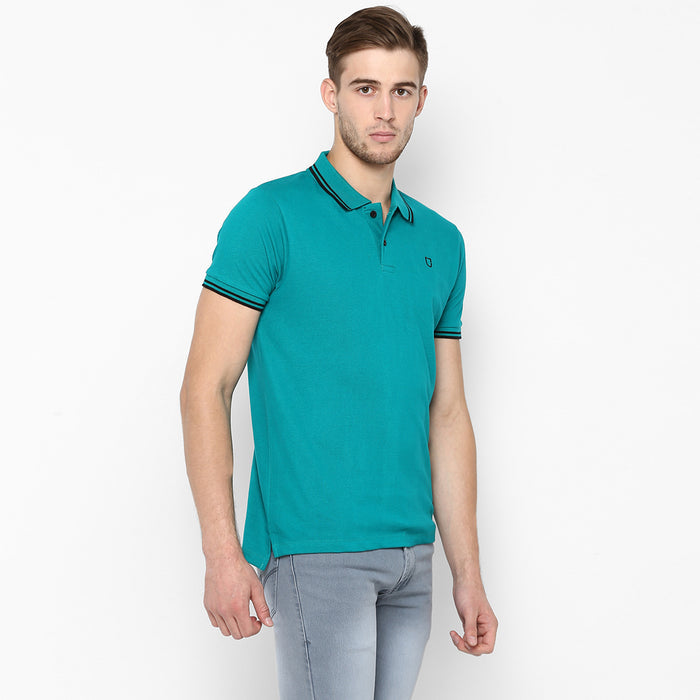 Men's Teal Green Solid Slim Fit Half Sleeve Cotton Polo T-Shirt