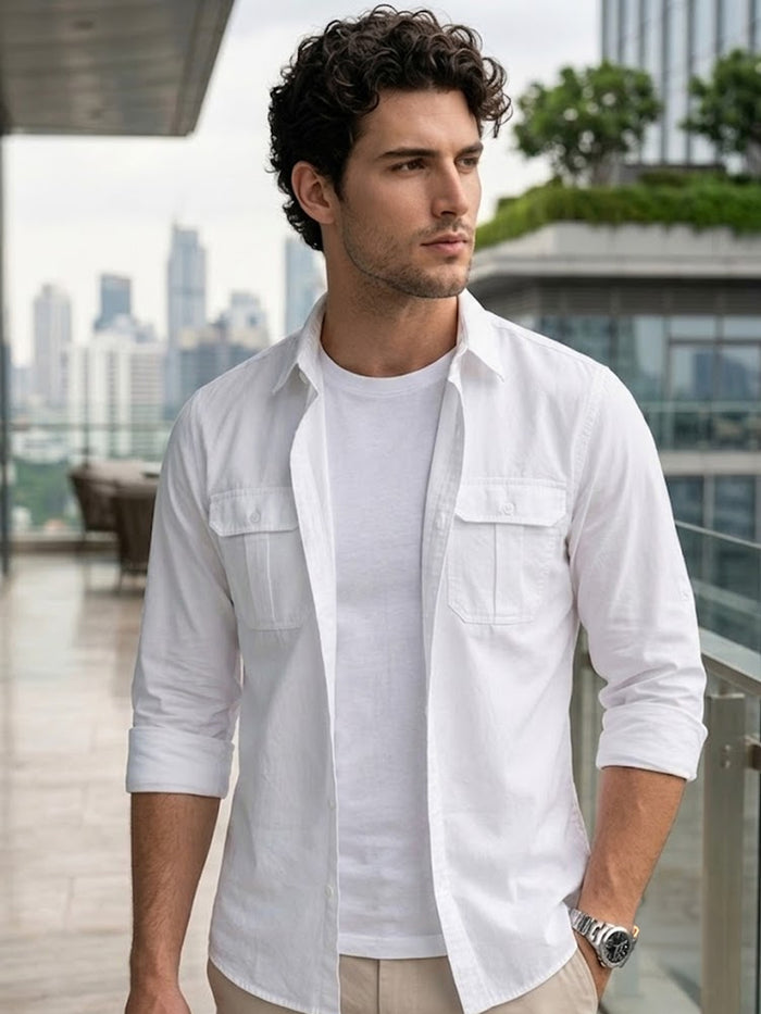 Men's White Cotton Full Sleeve Regular Fit Casual Solid Shirt