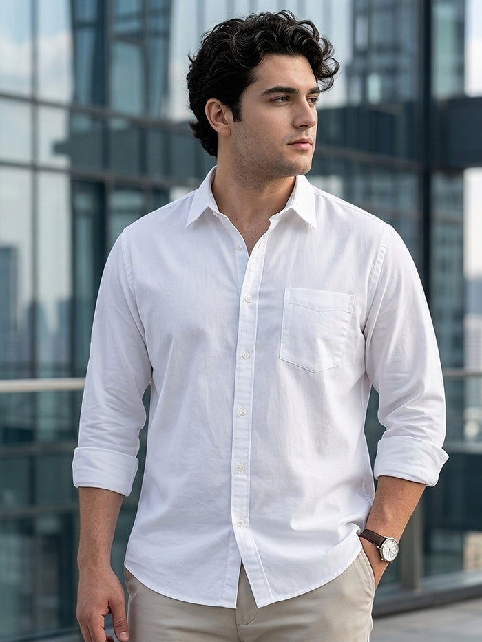 Men's White Cotton Full Sleeve Regular Fit Casual Solid Shirt