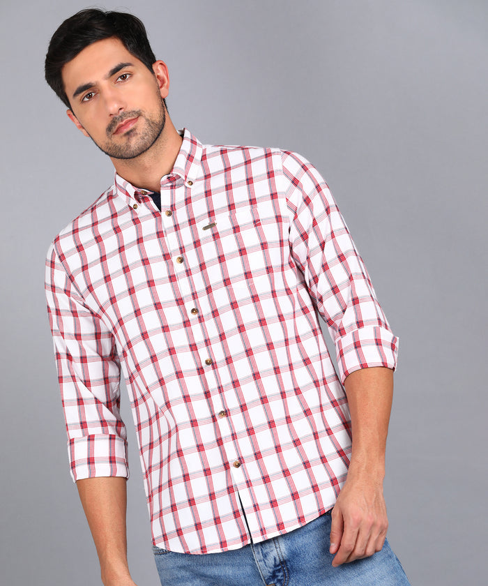 Men's White Cotton Full Sleeve Slim Fit Casual Checkered Shirt