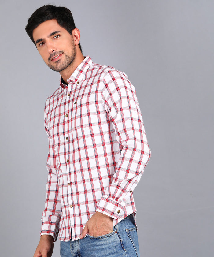 Men's White Cotton Full Sleeve Slim Fit Casual Checkered Shirt