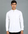 Men's White Cotton Full Sleeve Slim Fit Solid Shirt with Mandarin Collar