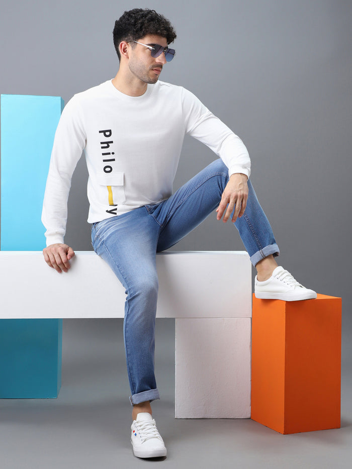Men's White Cotton Graphic Print Round Neck Sweatshirt