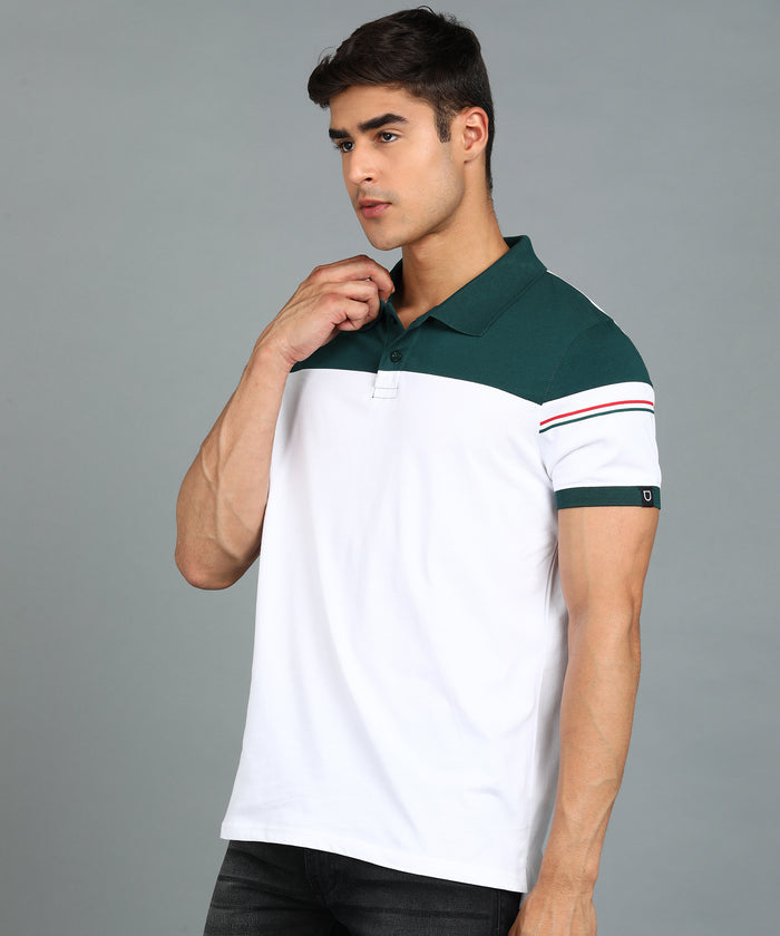Men's White, Green Colour-Block Slim Fit Half Sleeve Cotton Polo T-Shirt