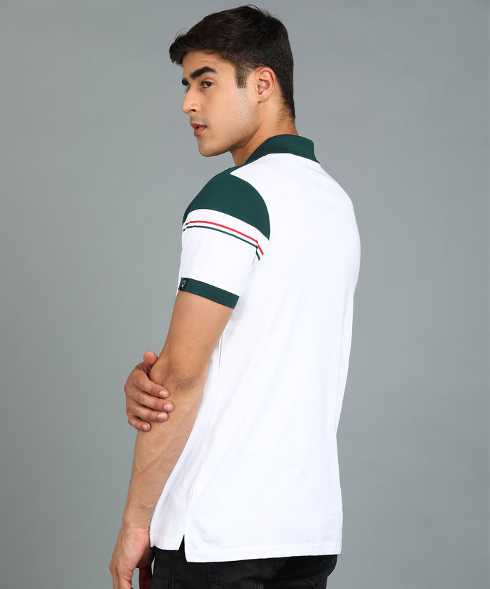 Men's White, Green Colour-Block Slim Fit Half Sleeve Cotton Polo T-Shirt