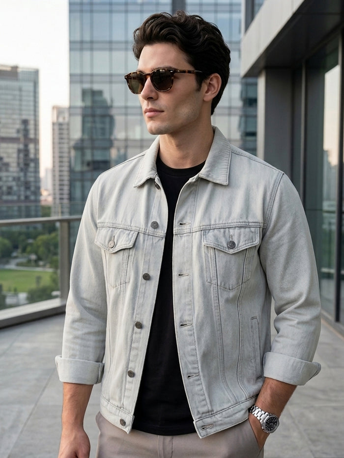 Men's White Grey Regular Fit Washed Full Sleeve Denim Jacket