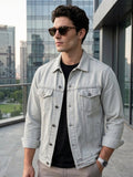 Men's White Grey Regular Fit Washed Full Sleeve Denim Jacket