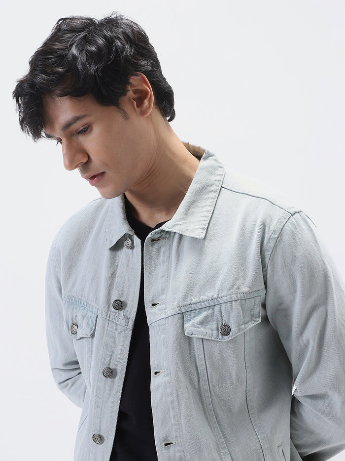 Men's White Grey Regular Fit Washed Full Sleeve Denim Jacket
