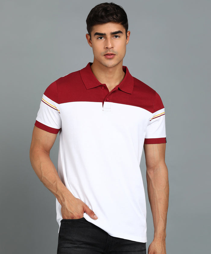 Men's White, Maroon Colour-Block Slim Fit Half Sleeve Cotton Polo T-Shirt