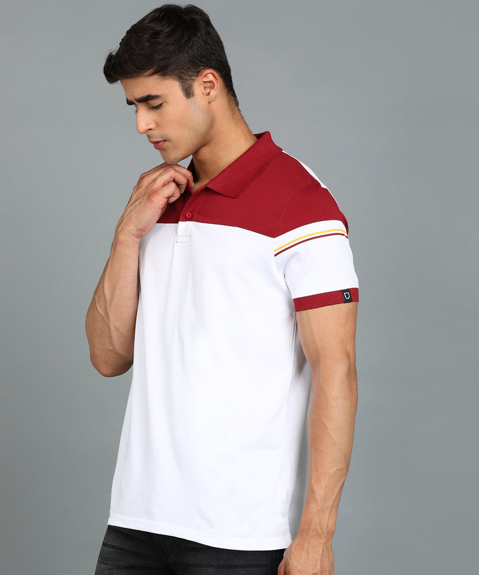 Men's White, Maroon Colour-Block Slim Fit Half Sleeve Cotton Polo T-Shirt