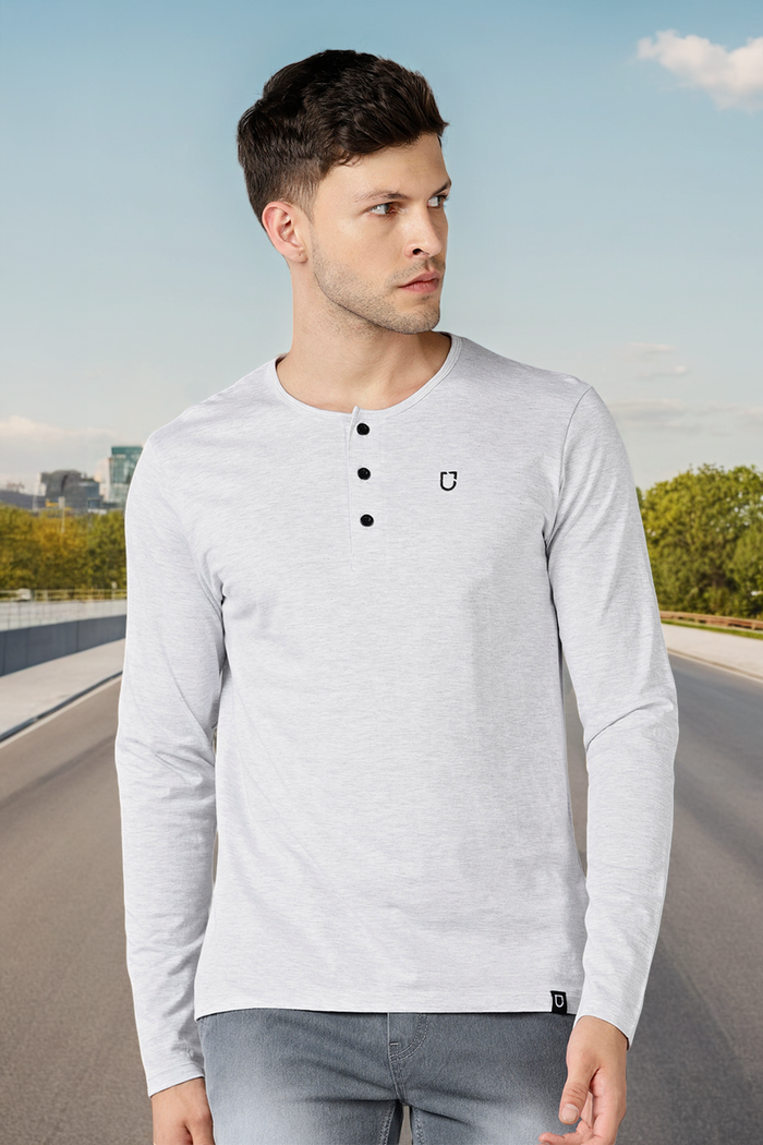 Men's White Melange Solid Henley Neck Slim Fit Full Sleeve Cotton T-Shirt
