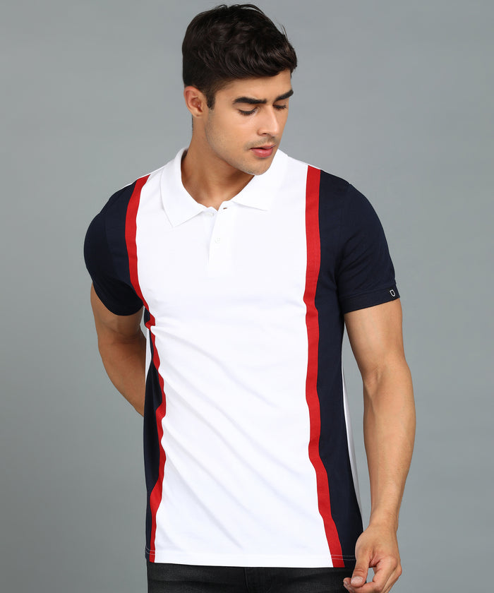 Men's White, Navy Blue Colour-Block Slim Fit Half Sleeve Cotton Polo T-Shirt