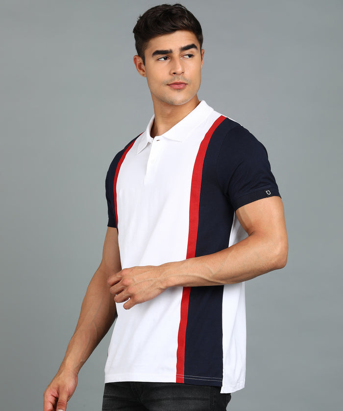 Men's White, Navy Blue Colour-Block Slim Fit Half Sleeve Cotton Polo T-Shirt