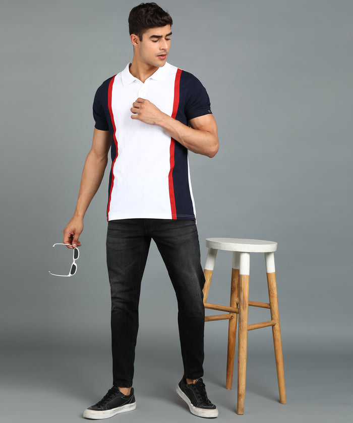 Men's White, Navy Blue Colour-Block Slim Fit Half Sleeve Cotton Polo T-Shirt